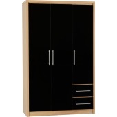 Seville 3 Door 2 Drawer Wardrobe Black Gloss/Light Oak Effect Veneer